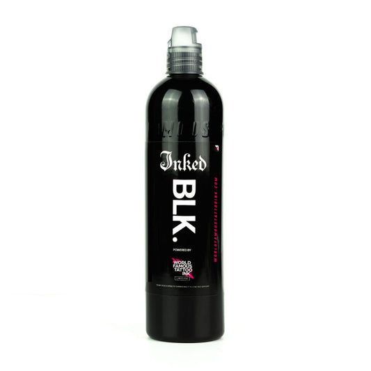 World Famous Limitless Inked BLK tattoo ink bottle, front view showcasing premium pigment quality.