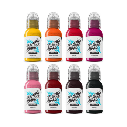 World Famous Limitless Ryan Smith Flower Set (8x30ml) – vibrant floral tattoo ink colors: Rose, Zinnia, Begonia, Azalea, Snap Dragon, Orchid, Foxglove, Thimble.