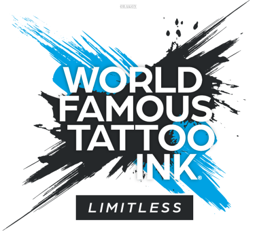 World Famous Tattoo Ink Limitless logo with blue and black design.