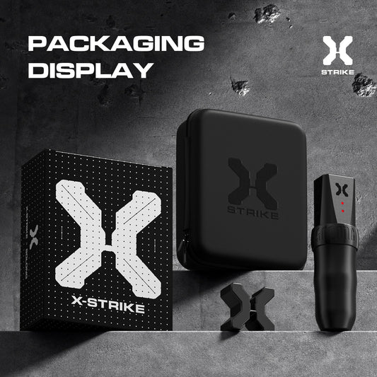 X-Strike packaging display with the tattoo pen, two batteries, and a travel case for professional convenience.

