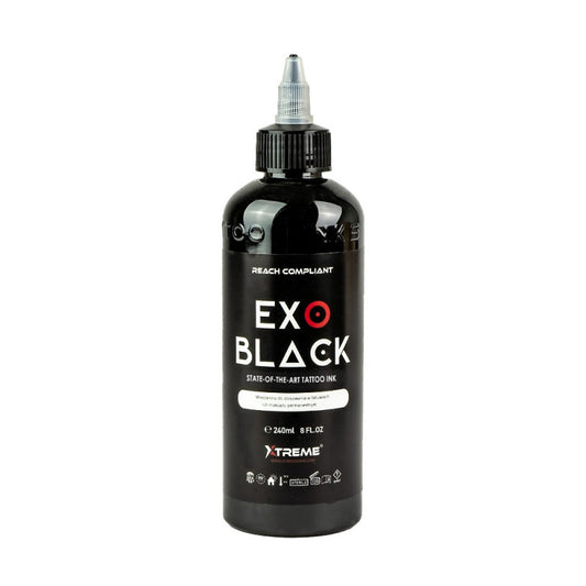 Xtreme Ink Exo Black, 240ml, REACH-compliant tattoo ink providing rich black color for precise lining and shading. Perfect for professional tattoo artists.