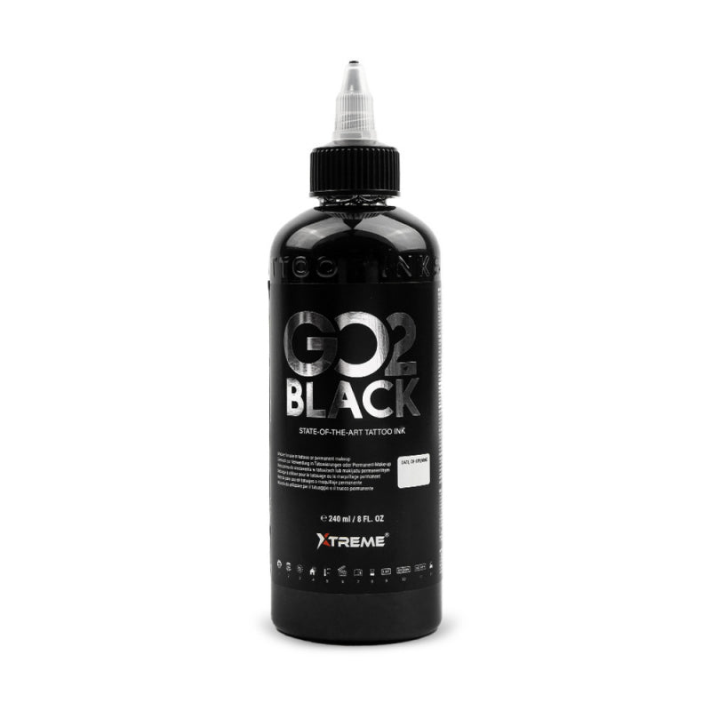 Xtreme Ink Go2 Black, 240ml, REACH-compliant tattoo ink delivering deep black tones for professional lining and shading. Ideal for expert tattoo artists.