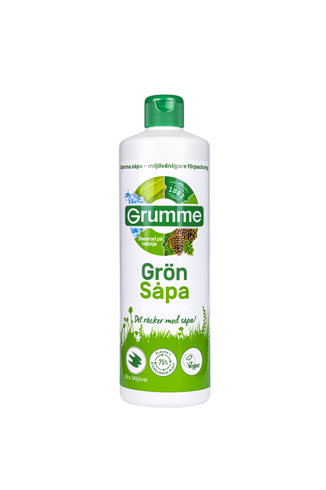 Photograph of Grumme a green universal cleaning soap. The soap is displayed prominently, showcasing its packaging and color.