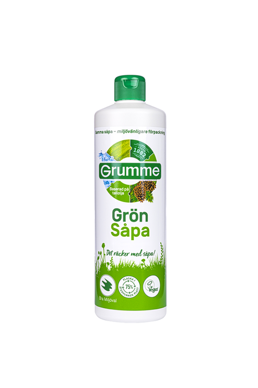 Photograph of Grumme a green universal cleaning soap. The soap is displayed prominently, showcasing its packaging and color.